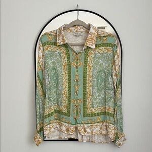 🎊5/$50 Silk-Feel Paisley Print Button-Up Shirt - Green/Gold